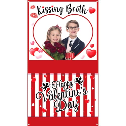 Happy Valentines Day Kissing Booth Photo Props Valentine Selfie Funny Backdrop Decorations Red Photo Booth Frame Door Cover for Romantic Wedding Valentines Themed Party Supplies Decoration 35x62 in