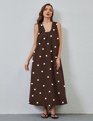 Image of OLAPTA Women Summer Sleeveless Maxi Dress Scoop Neck Ruched Loose Fit Casual Elegant Solid Vacation Long Dress with Pockets