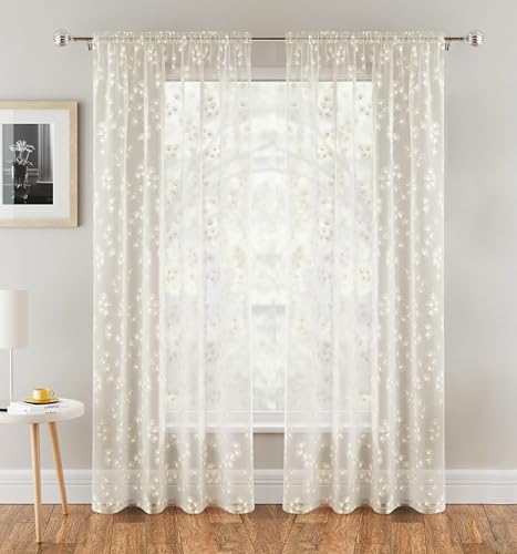 Tyrone Textiles Pair of Delila Cream Trail Leaf Print Sheer Voile Panels 137 CM with Rod Pocket Header