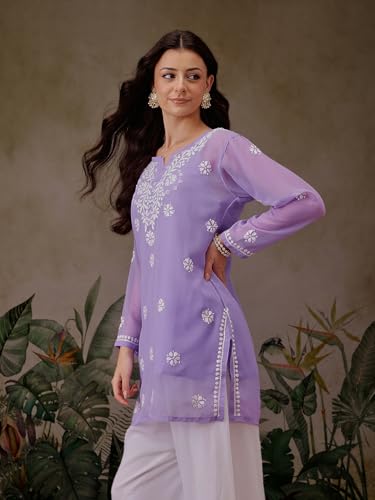 Image of Ada Women's & Girl's Georgette Hand Embroidered Lucknow Chikankari Regular Fit Short Kurti Top with Slip A911300