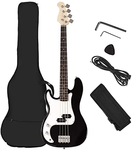 GLACER Full Size Electric Bass Guitar for Beginner Kit, 4 Strings, Rose Fingerboard & Bridge, Complete Beginner Starter Kit w/Strap, Guitar Bag, Amp Cord, 2 Pickups & 2 Tone Control (Black)