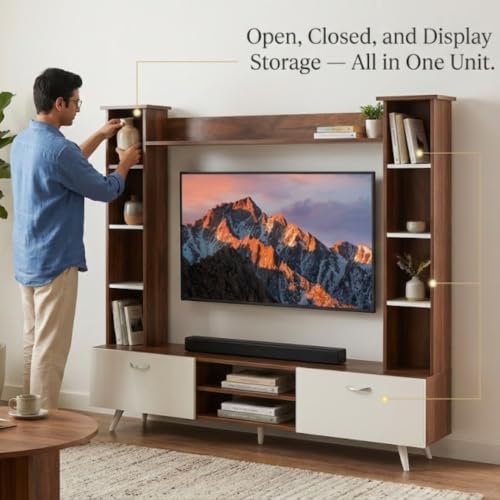 Image of BLUEWUD Pinn Modern TV Unit /TV Stand /TV Cabinet Panel /Entertainment Center with Storage & Display Shelves for Books & Decor, Living Room Fits Upto 60 Inches - (Brown Maple /White) (Pinn TV Unit)