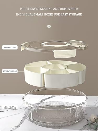 SUNBABA Creative Turntable Storage Organizer Rotating Snack Tray Serving Tray with Lid and Handle Snackle Box Container Removable Nut Case Round Dried Fruit Case