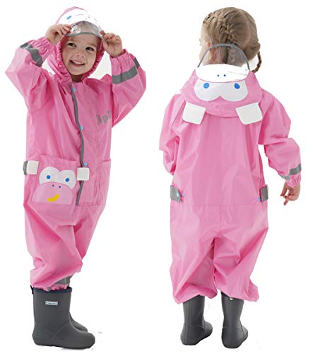 JinBei Regenmantel Kinder mit Kapuze Mädchen Regenjacken Overall Rosa Affen Regenanzug Atmungsaktiv Matschanzug Leicht Regenfestes Regencape Regenkleidung Reflektierenden Streifen 6-7 Jahre