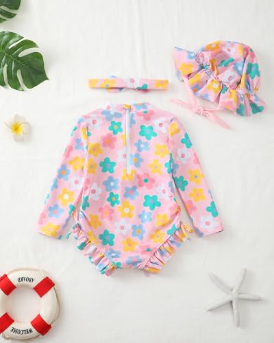 Image of Renotemy Baby Girls Swimsuit Drawstring Zip Bathing Suit Long Sleeve One-Piece Rash Guard Swimwear with Hat for Infant Girl