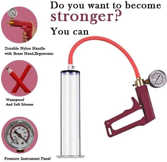9"" x 2"" Penis Pump with Vacuum Gauge Red Handle, Vacuum Penis, Manual Penis Pump for Men, Enlargement, Penis Bigge Size