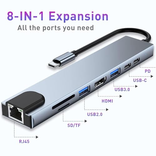 Image of Black-r USB C Hub Multiport Adapter 8-in-1 Aluminum Shell with 4K HDMI Port, PD, 2 USB Port, Type-C Port, RJ45 LAN Gigabyte Ethernet and SD /TF Card Reader Hub for MacBook Pro /Air M1 /M2 /M3, iPad Pro