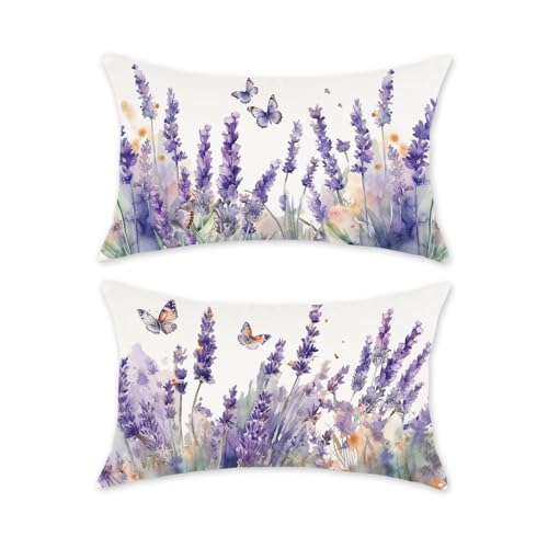 TAJWE Spring Pillow Covers 12x20 Inch Set of 2 Lavender Purple Flower Decorative Pillowcases Farmhouse Summer Seasonal Lumbar Cushion Cases for Sofa Couch Home Decor