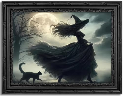 Black Framed Wall Art Halloween Gothic Witch Canvas Print Moonlit Witch with Black Cat Decor Picture Dark Academia Moody Halloween Artwork for Living Room Bedroom 9x11 inch - image 1
