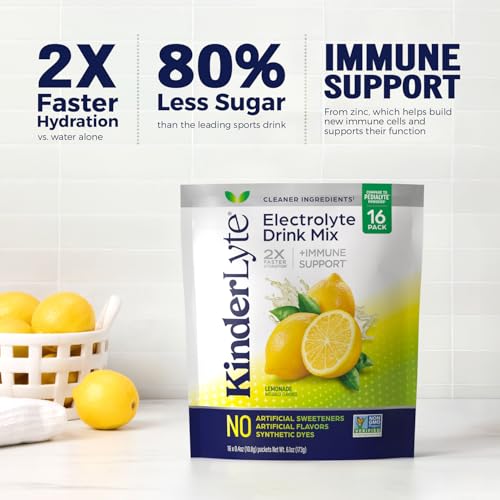 Kinderlyte Electrolyte Powder Drink Mix, Hydration Packets, No Artificial Sweeteners or Flavors, No Synthetic Dyes, Vegan, Non-GMO, Gluten Free, for Kids and Adults, Lemonade (16 Count)