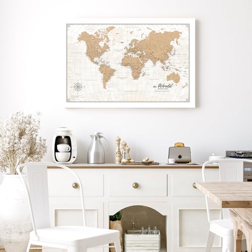 Image of IPIC - Vintage World Map Pin Board Canvas Wall Art, Travel Map with Pins Included, Ready to Hang for Home or Office, 24x16 Inch