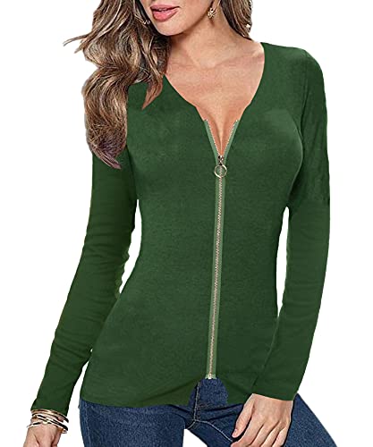 Image of Afibi Women V Neck Zip Front Long Sleeve Casual Top Blouse Shirt /Cardigan