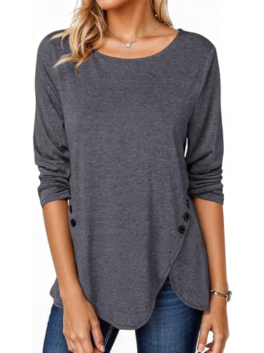 Womens Casual Long Sleeve Tunic Shirts Round Neck Button Side Blouses Tops Dark Gray