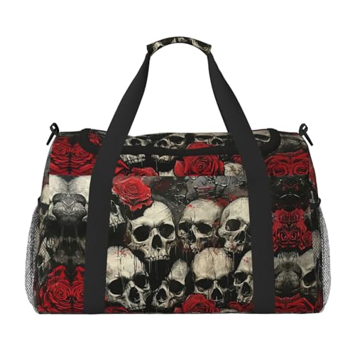 Skull And Red Rose Foldable Travel Duffel Bag Tote Carry On Luggage Bag For Weekend Getaways, For Spontaneous Trips