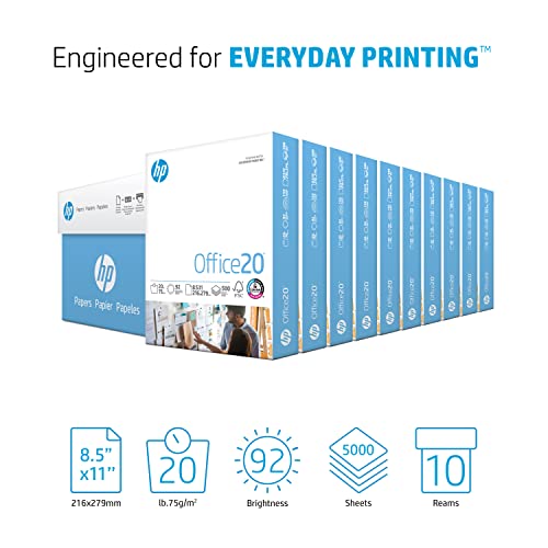HP Printer Paper | 8.5 x 11 Paper | Office 20 lb |10 Ream - 5,000 Sheets | 92 Bright | Made in USA - FSC Certified | 112101C