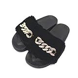 wiftms Damen Mädchen Sandalen Sommer Winter Hausschuhe, Flip Flops Mode Flache mit Glitzer Strass Plüsch Bling Casual Strand Flache Indoor/Outdoor Bequem Pantoletten (Schwarz, Numeric_41)