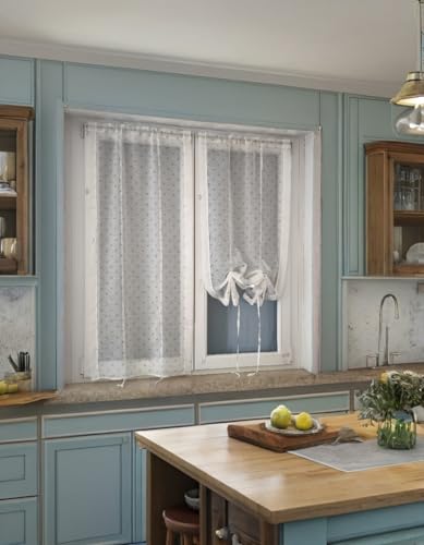 Par de visillos Ajustables en Altura con Pasador para Barra – Tejido Blanco Semitransparente con Lunares Beige – Varias Medidas Disponibles - Pois -90x150 cm