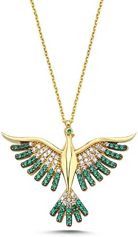 Yeşil Anka Kuşu Kolye, 14 Ayar Altın Anka Kuşu Kolye, 925 Ayar Gümüş (Yeşil Gümüş) - Görsel 1