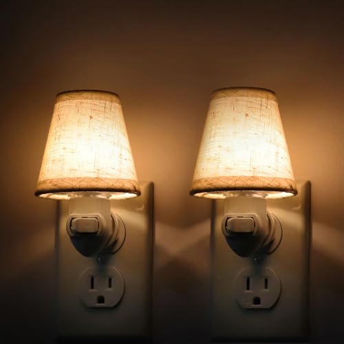 LOIWON Vintage Plug in Night Light with Switch 2-Pack 0.5W LED Night Lights Plug into Wall Socket Soft Warm Baby Nursery Nightlight with Linen Fabric Lamp Shade for Adult Kids Room Bathroom Hallway