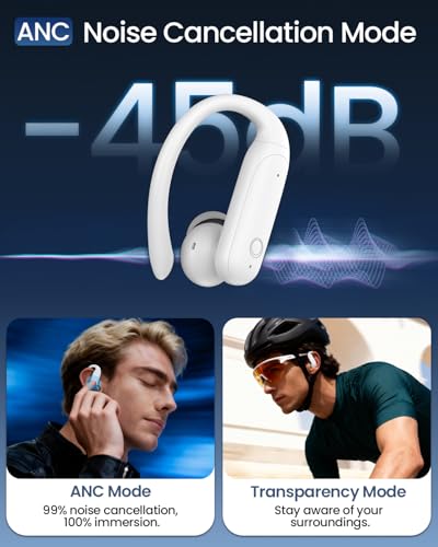 Image of LEEMC Wireless Earbuds, Bluetooth Headphones 6.0, Ear Buds with Touch Screen, ANC ENC Noise Cancelling, 40H Bass Stereo Sound Over-Ear Earphones for iOS, Android, Sports, Workout, White