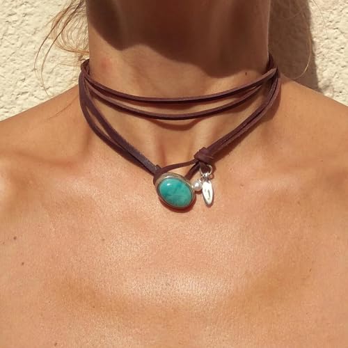 Boho Choker Necklace for Women Brown Suede Choker Necklace Western Cowgirl Choker Necklace Turquoise Coin Leather Choker Western Boho Necklaces3