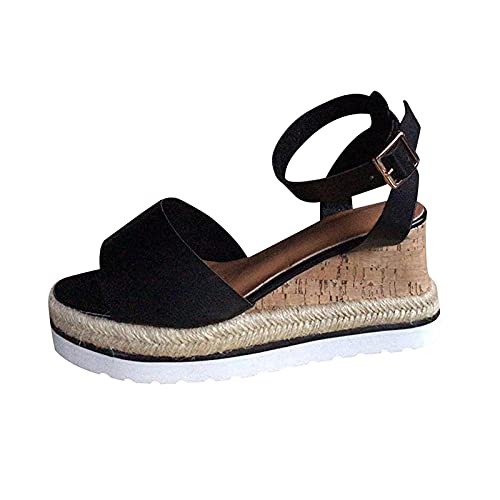 Luoyu Sandalias de cuña de cuerda de yute para mujer, sandalias de plataforma para mujer, alpargata, cuña y correa al tobillo, tachonadas de punta abierta, que la producción fina no frotará tu piel Cover