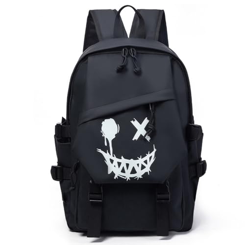 FDOIUTU Sac à dos en tissu Oxford noir, multi-compartiments, sac à dos de voyage loisir, motif smiley, effet fluorescent, sac à dos pour ordinateur portable (Noir)
