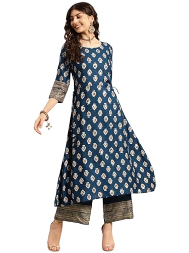 Image of rangita Navy Rayon Printed A-line Kurta with Palazzo | Kurta Set for Women