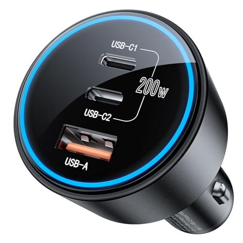 USB C Car Charger Fast Charging 200W, Dual PD 100W Type C Car Charger, PD3.0/QC4.0/PPS Cigarette Lighter Adapter for iPhone 16/15/14/13/12, Galaxy S22/S21 Ultra, MacBook, Laptop etc