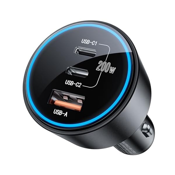 USB C Car Charger Fast Charging 200W, Dual PD 100W Type C Car Charger, PD3.0/QC4.0/PPS Cigarette Lighter Adapter for iPhone 16/15/14/13/12, Galaxy S22/S21 Ultra, MacBook, Laptop etc