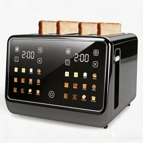 Image of 4 Slice Toaster Wide Slot with Dual Digital Touchscreen, 1800W Smart Toaster Stainless Steel Independent Control Panel, Single Slot Mode Timer for Bagels Bread, 6 Toast Shades