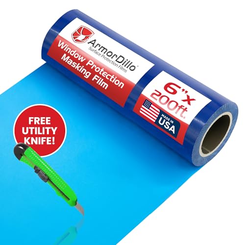 ArmorDillo Blue Window Protection Film, 1 Roll - 6" x 200' Surface Protection Film | Temporary Self-Adhesive Glass Covering, Window Masking Film, 45-Day UV Resistant Construction Wrap