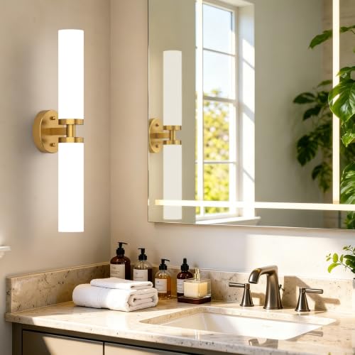 Image of Wall Sconces Set of 2, Gold Hardwired Bathroom Light Fixtures, Modern Bathroom Vanity Wall Lighting with Milky White Glass Shade, Farmhouse Wall Sconce for Bedroom Living Room Hallway