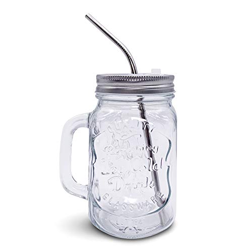 Home Suave Mason Jar Mugs With Handle, Regular Mouth Colorful Lids With 2 Reusable Stainless Steel Straw, Set Of 2 (Silver), Kitchen Glass 16 Oz Jars,Refreshing Ice Cold Drink & Dishwasher Safe #TOP3