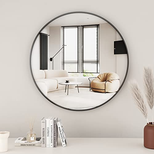 Koonmi 60cm Round Mirror Black Mirror Round Wall Mirror with Aluminum Alloy Frame for Bathroom, Vanity, Living Room, Bedroom, Entrance...