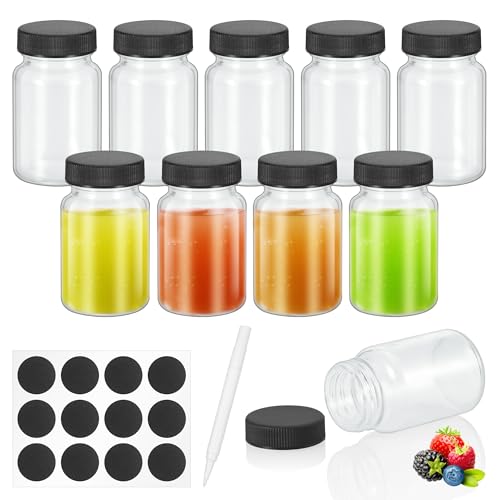 Botellas de chupito pequeñas de vidrio con tapas, paquete de 10 mini botellas de vidrio de 60 ml, botella de jengibre reutilizable con etiquetas, ideal para jugo, aceites, salsas, especias, poción