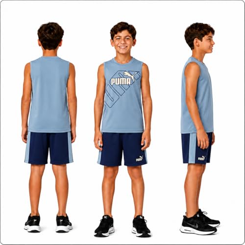Image of PUMA Active Boys Shorts Set - 2 Piece Dry Fit Sleeveless Basketball Boys Athletic Shirts and Boy Shorts Matching Set (4-16)