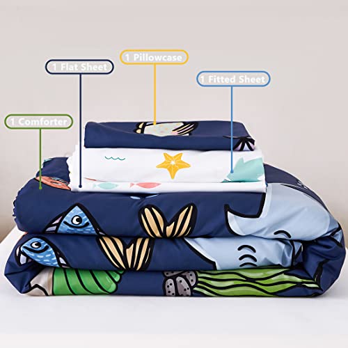 Perfemet 4 Pieces Toddler Bedding Ocean Animal Printed Toddler Comforter Set Reversible Lightweight Cartoon Bed In A Bag For Kids Boys Girls(Navy Blue, Sharks/Dolphins/Fish) #TOP6