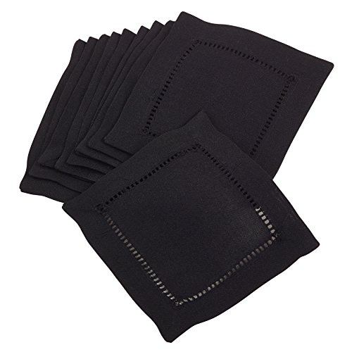 SARO LIFESTYLE Classic Hemstitch Cocktail Napkins (Set of 12) - Elegant Cloth Cocktail Napkins with Textured Fabric and Hemstitched Border for Entertaining and Table Settings, 6"x6", Black