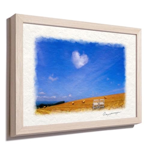 風景画 絵画 インテリア アートパネル 風水 絵 玄関 おしゃれ 壁掛け 和紙の絵写真 「牧草ロールの丘とハートの雲」 平面額縁付き 32x23cm 空 夏 丘 青 Natural Memories