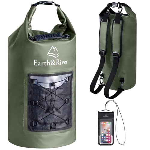 EARTH&RIVER Premium Dry Bag Mochila, Extra Gruesa, Protección para Actividades Acuáticas y Camping, Bolsa Seca Flotante Ligera con Bolsillo Interior y Funda Impermeable IPX8 para Teléfono (Verde Militar, 20L) miniatura 1