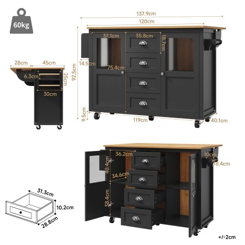 Kücheninsel 138x73(45) x93 cm Schwarz, Ausklappbarer Arbeitsplatte, 4 Schubladen & 4 Rollen, Gewürzregal & Handtuchhalter, Küchenschrank Buffetschrank, MDF & Metall für Kleine Küchen