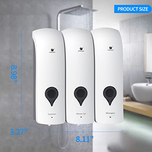 Triple Shower Gel Dispenser Shampoo and Conditioner Dispenser Wall Mounted No Drill Lotion Container 3 in 1 Liquid Pump Soap Dispenser Bathroom for Home Hotel White 300ML×3 - Image 2