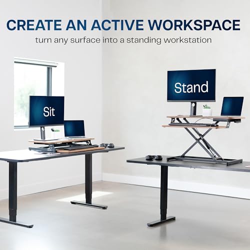 Image of VIVO Rustic Vintage Brown 32 inch Standing Desk Riser, DESK-V000SN | Height Adjustable, Stand Up Desk Converter, Quick Sit to Stand, Tabletop Dual Monitor Riser Workstation, Minimal Assembly