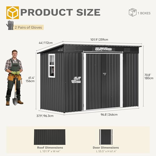 DWVO 9' x 4' Outdoor Storage Shed with Windows, Lockable Double Doors, Sloped Roof, Heavy-Duty Steel Shed for Garden & Patio, Large Backyard Tool Organizer, Dark Gray by DWVO - Image 8
