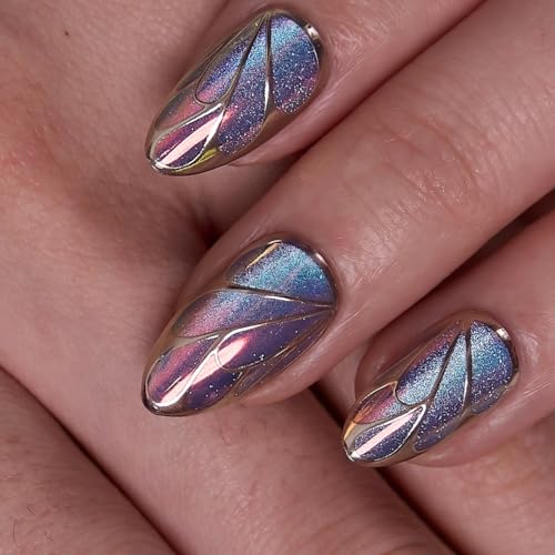 CurvLife Soft Gel Almond Press-On Nails Short 30Pcs Reusable Fake Nail Tips with Adhesive Tabs Salon-Quality Stick-On Nails for At-Home Manicure (Aurora Wings)