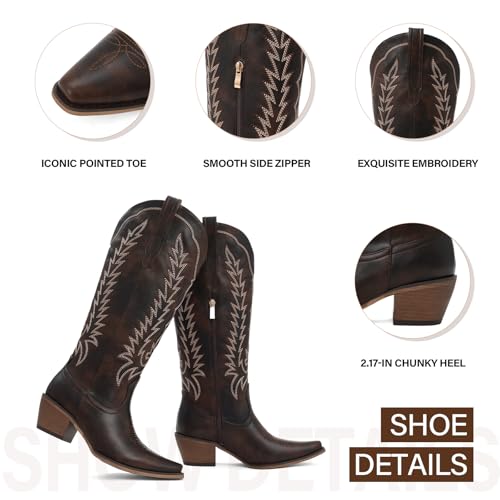 Image of Tscoyuki Cowboy Boots for Women: Embroidered Western Knee High Boots Women - Pointed Toe Chunky Heel Cowgirl Tall Boots