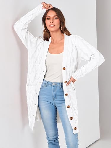 Image of PRETTYGARDEN Long Sleeve Cable Knit Long Cardigan for Women 2026 Spring Winter Chunky Open Front Button Sweaters with Pockets