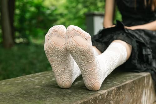 Image of Womens Lace Cotton Socks Transparent Mesh Ruffle Dress Calf Socks