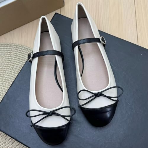 Image of TN TANGNEST Women's Mary Jane Flats Bow Ballet Shoes | Round Toe Flats with Buckle Strap Dressy Comfortable Faux Suede Flats
